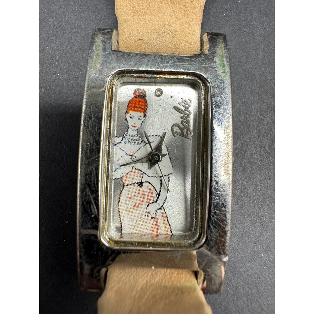 Barbie Silver Tone Watch Rectangle Barbie Doll Dial Brown Leather Band BC0237